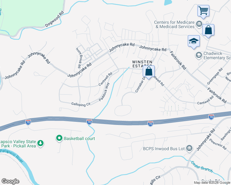 map of restaurants, bars, coffee shops, grocery stores, and more near 2012 Wisper Woods Way in Woodlawn