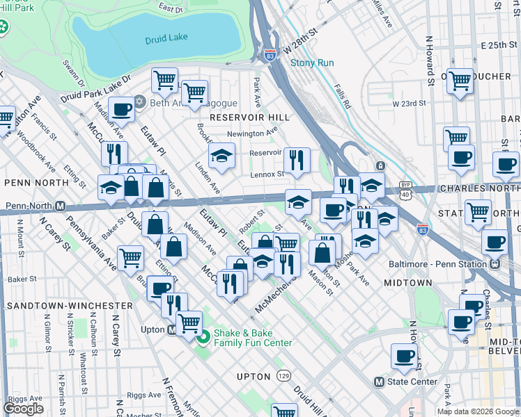 map of restaurants, bars, coffee shops, grocery stores, and more near 240 Robert Street in Baltimore