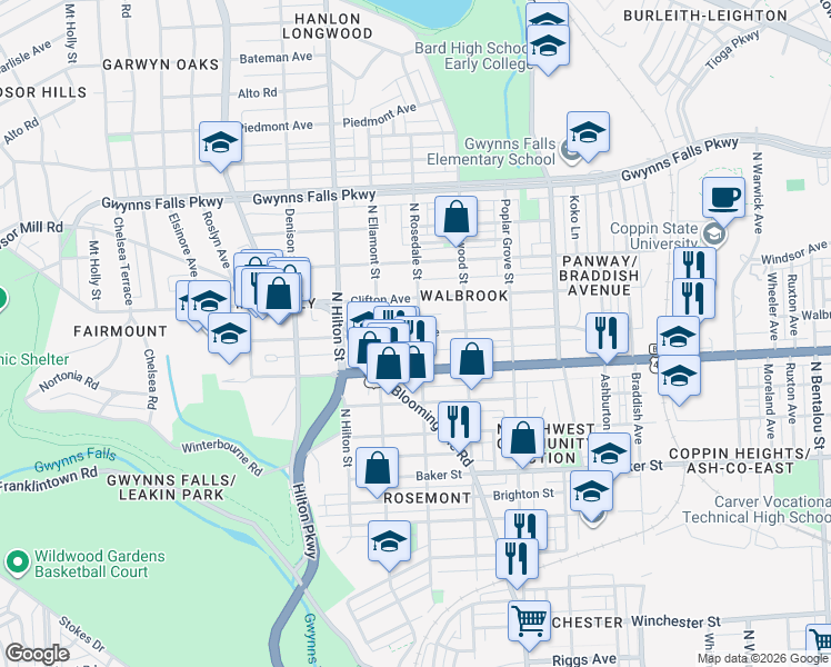 map of restaurants, bars, coffee shops, grocery stores, and more near 3103 Walbrook Avenue in Baltimore