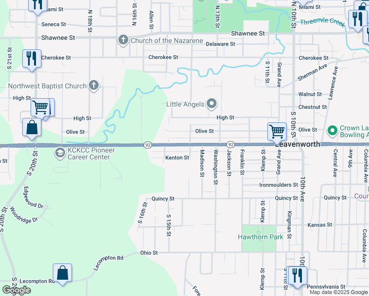 map of restaurants, bars, coffee shops, grocery stores, and more near 1408 Spruce Street in Leavenworth