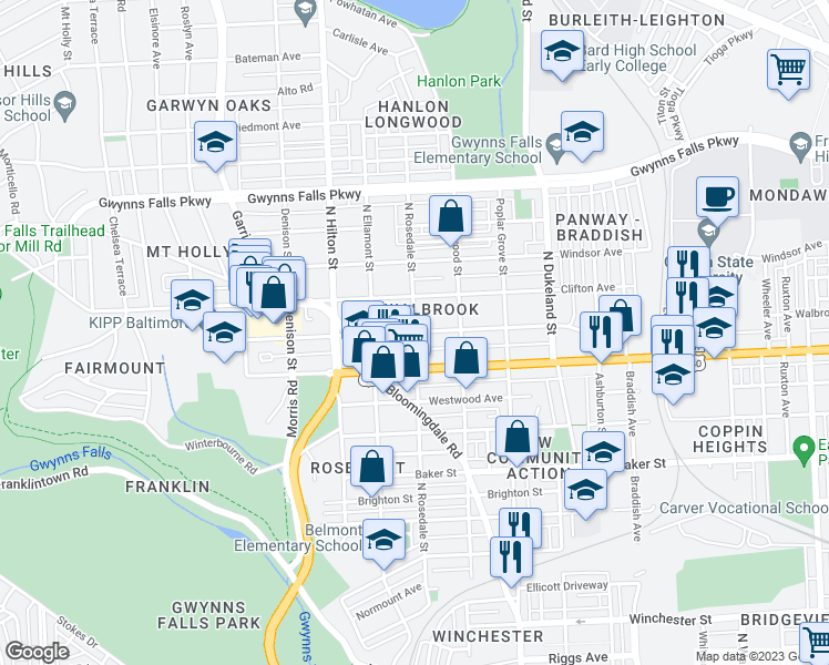 map of restaurants, bars, coffee shops, grocery stores, and more near N Rosedale St & Walbrook Ave in Baltimore