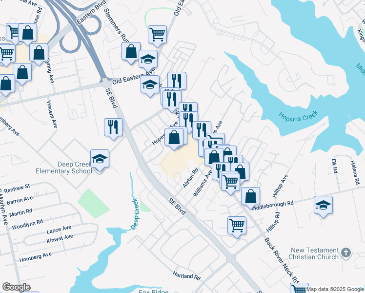 map of restaurants, bars, coffee shops, grocery stores, and more near 1548 Country Ridge Lane in Essex