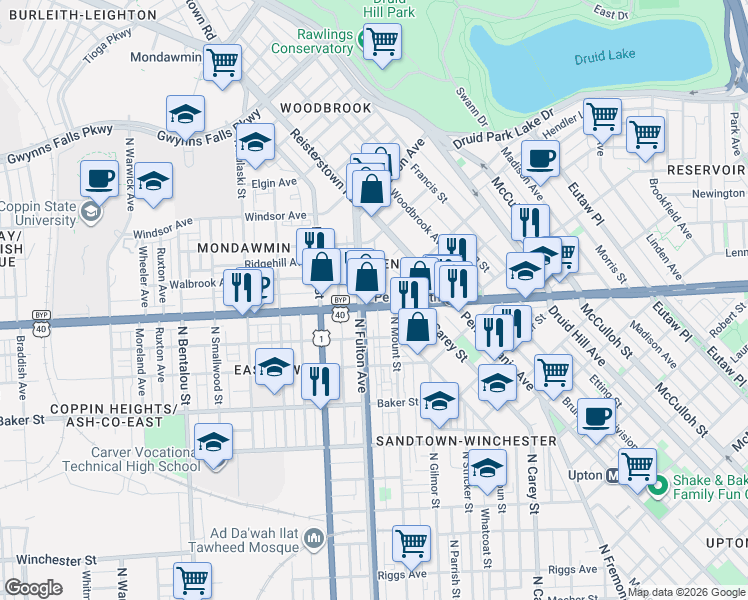 map of restaurants, bars, coffee shops, grocery stores, and more near 1730 West North Avenue in Baltimore