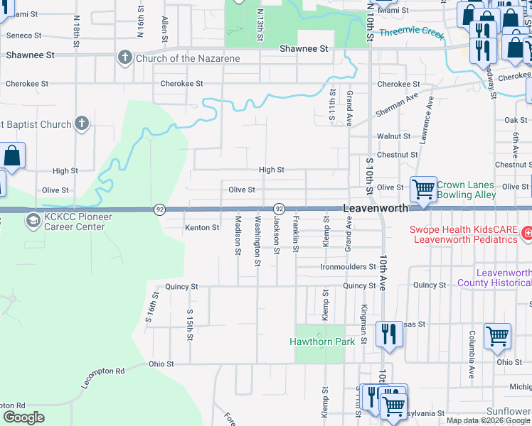 map of restaurants, bars, coffee shops, grocery stores, and more near 1302 Spruce Street in Leavenworth