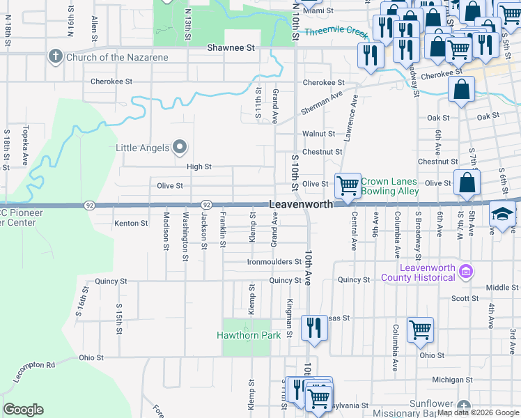 map of restaurants, bars, coffee shops, grocery stores, and more near 1113 Spruce Street in Leavenworth