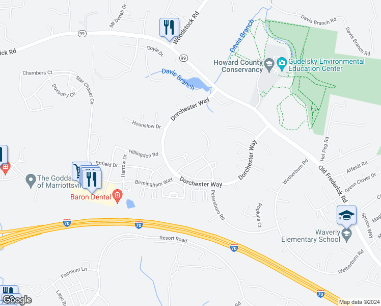 map of restaurants, bars, coffee shops, grocery stores, and more near 2204 Bromley Court in Woodstock