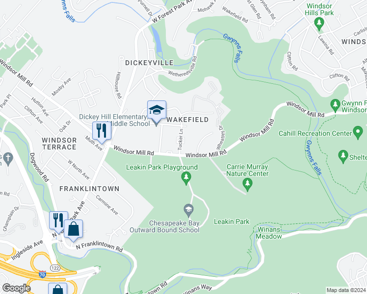 map of restaurants, bars, coffee shops, grocery stores, and more near 2105 Tucker Lane in Baltimore