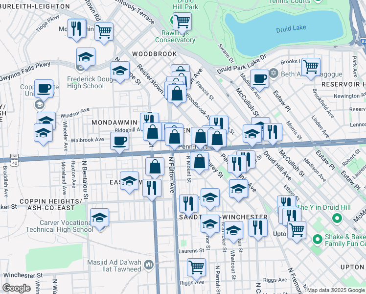 map of restaurants, bars, coffee shops, grocery stores, and more near 1712 West North Avenue in Baltimore
