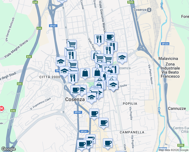 map of restaurants, bars, coffee shops, grocery stores, and more near Via Mauro Leporace in Cosenza