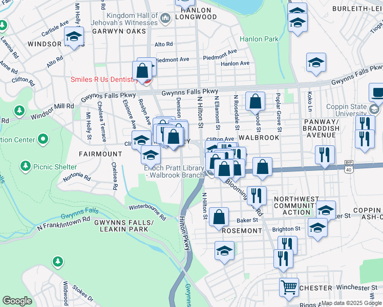 map of restaurants, bars, coffee shops, grocery stores, and more near 3308 Walbrook Avenue in Baltimore