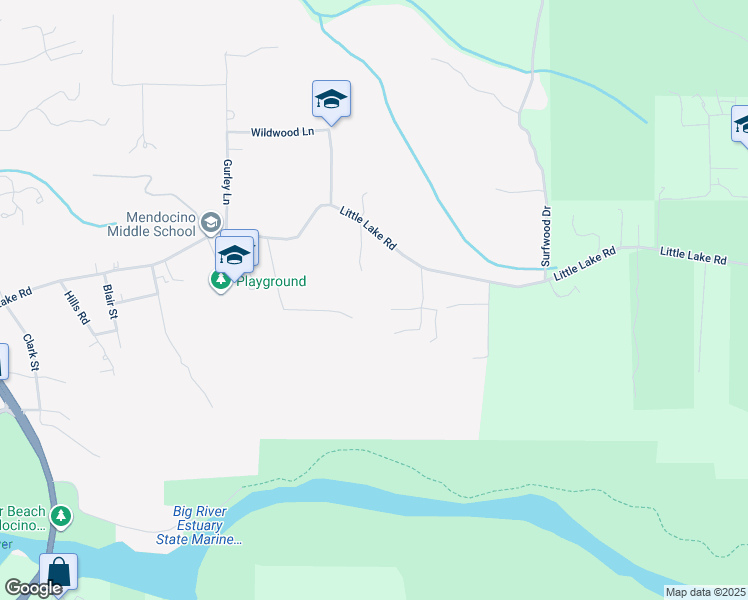 map of restaurants, bars, coffee shops, grocery stores, and more near 43853 Tibbens Lane in Mendocino