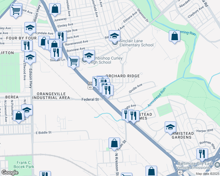 map of restaurants, bars, coffee shops, grocery stores, and more near 4000 Anna Park Way in Baltimore