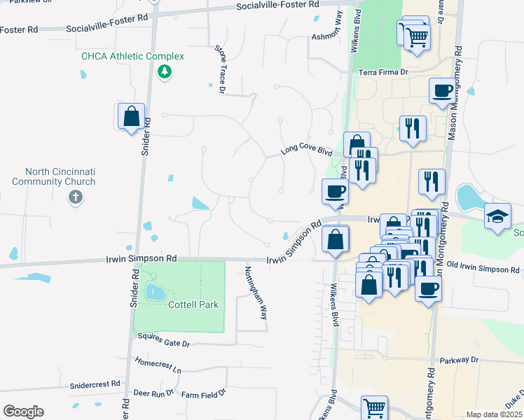 map of restaurants, bars, coffee shops, grocery stores, and more near 5564 Winding Cape Way in Mason