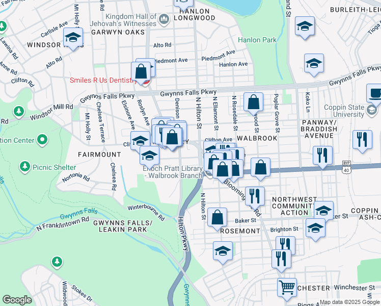 map of restaurants, bars, coffee shops, grocery stores, and more near 3308 Walbrook Avenue in Baltimore