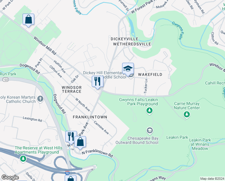 map of restaurants, bars, coffee shops, grocery stores, and more near 5112 Windsor Mill Road in Baltimore