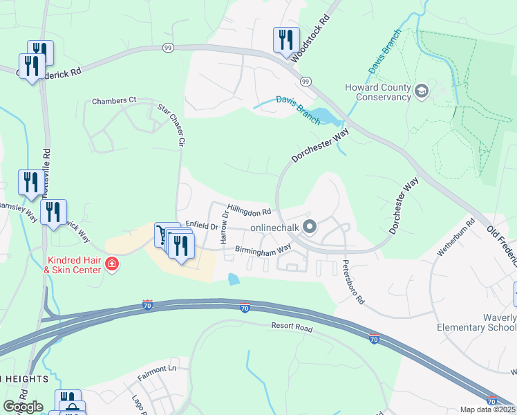 map of restaurants, bars, coffee shops, grocery stores, and more near 10624 Hillingdon Road in Woodstock