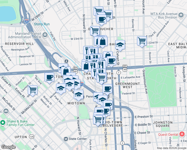 map of restaurants, bars, coffee shops, grocery stores, and more near 1818 Maryland Avenue in Baltimore
