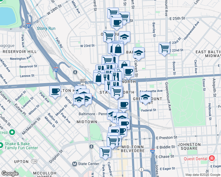 map of restaurants, bars, coffee shops, grocery stores, and more near 1817 Maryland Avenue in Baltimore