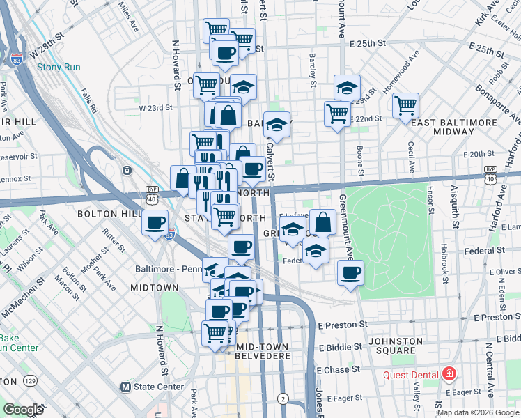 map of restaurants, bars, coffee shops, grocery stores, and more near 1815 Saint Paul Street in Baltimore