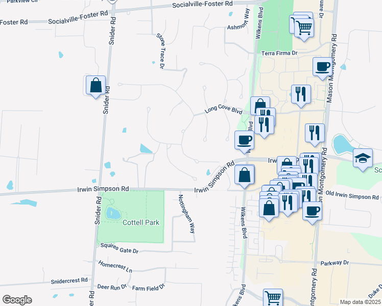 map of restaurants, bars, coffee shops, grocery stores, and more near 5564 Winding Cape Way in Mason