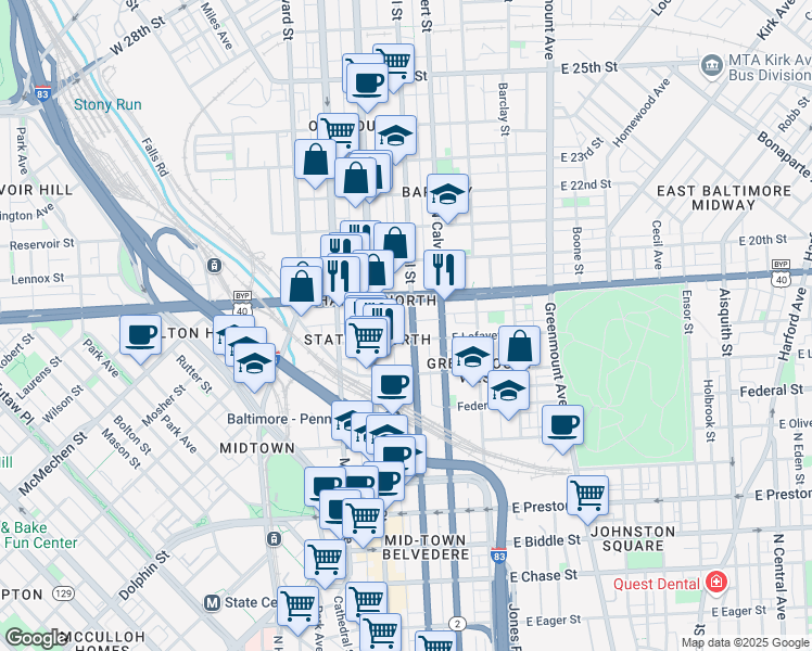 map of restaurants, bars, coffee shops, grocery stores, and more near 1814 Saint Paul Street in Baltimore