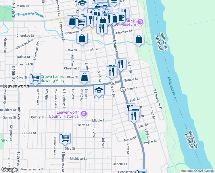 map of restaurants, bars, coffee shops, grocery stores, and more near 906 South 5th Street in Leavenworth