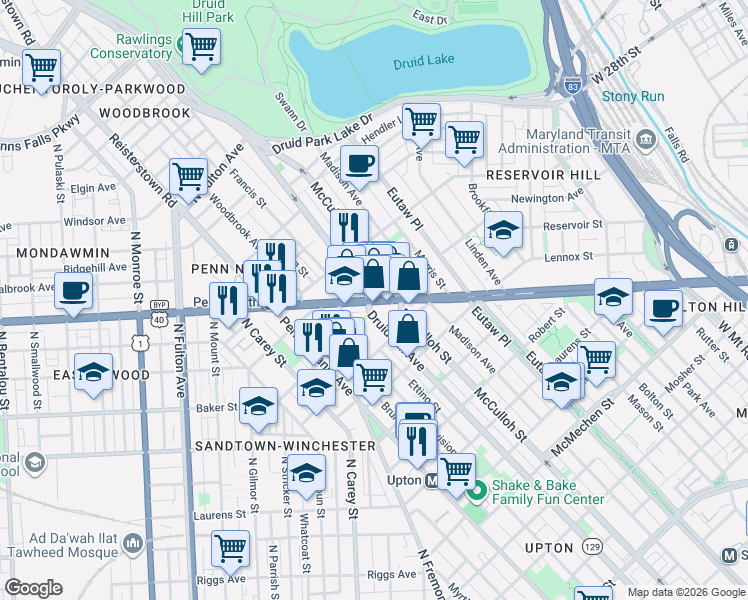 map of restaurants, bars, coffee shops, grocery stores, and more near 1230 West North Avenue in Baltimore