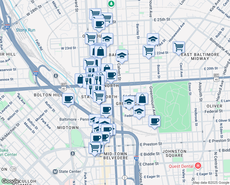 map of restaurants, bars, coffee shops, grocery stores, and more near 1815 Saint Paul Street in Baltimore