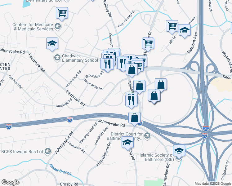 map of restaurants, bars, coffee shops, grocery stores, and more near 7129 Fairbrook Road in Woodlawn