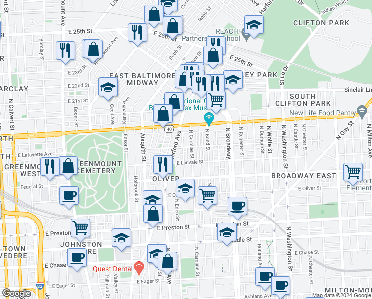 map of restaurants, bars, coffee shops, grocery stores, and more near 1427 East Lafayette Avenue in Baltimore