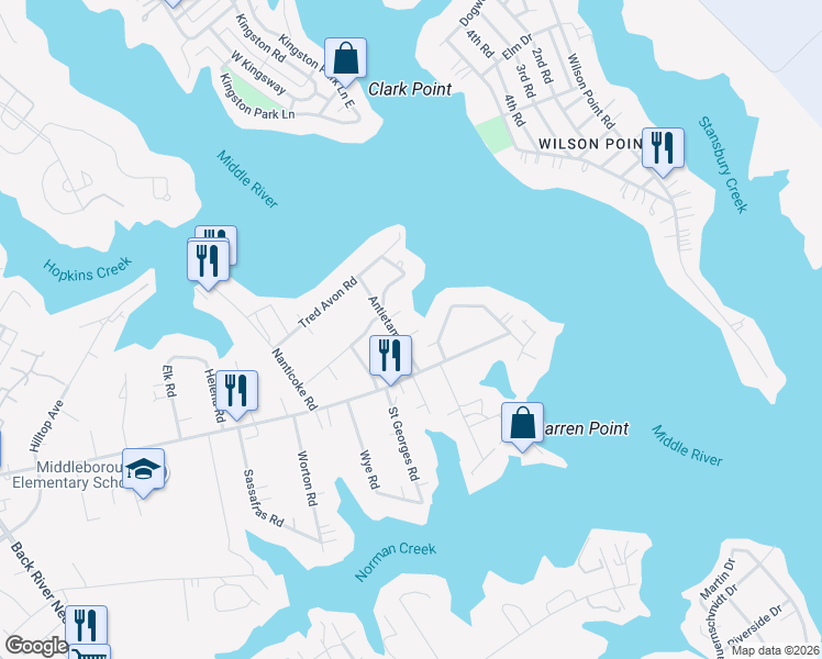 map of restaurants, bars, coffee shops, grocery stores, and more near 221 Antietam Road in Essex