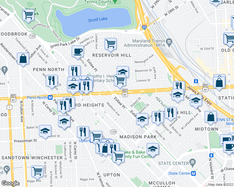 map of restaurants, bars, coffee shops, grocery stores, and more near 939 West North Avenue in Baltimore