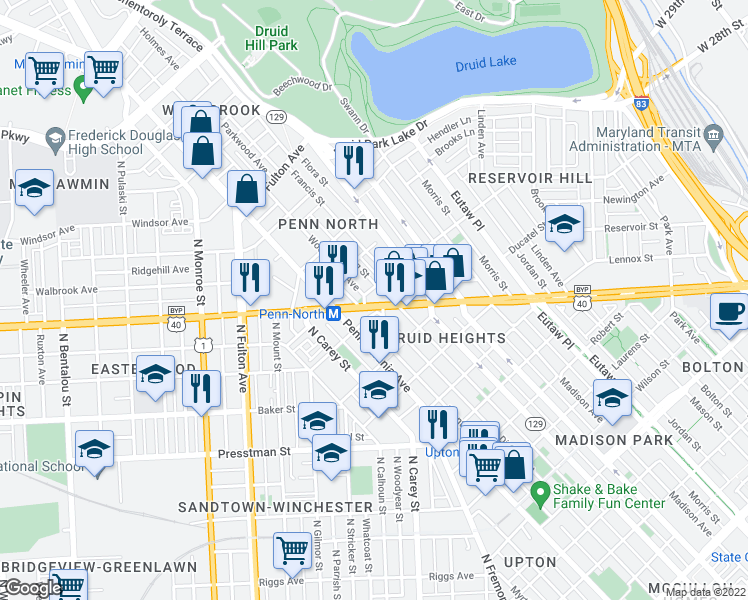 map of restaurants, bars, coffee shops, grocery stores, and more near 1384 West North Avenue in Baltimore