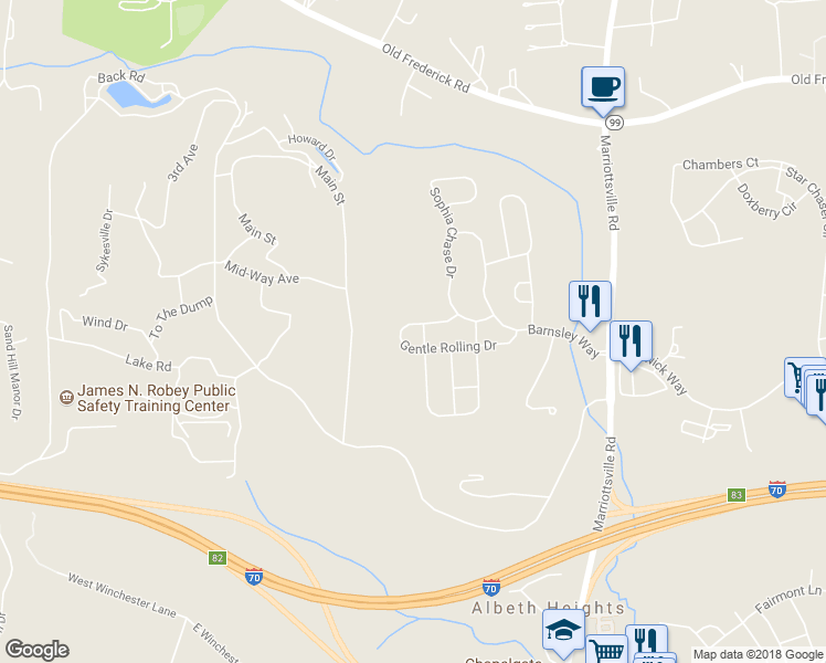 map of restaurants, bars, coffee shops, grocery stores, and more near 11218 Gentle Rolling Drive in Marriottsville