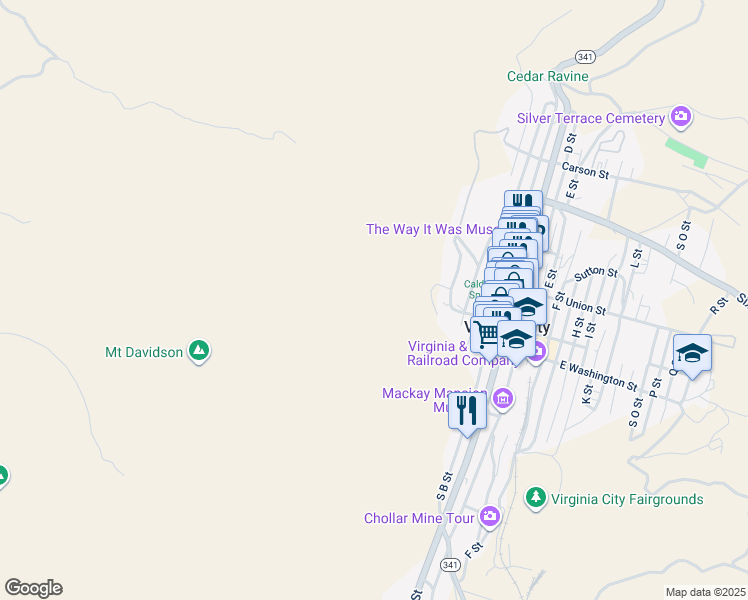 map of restaurants, bars, coffee shops, grocery stores, and more near in Virginia City