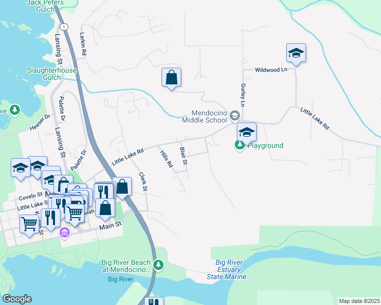 map of restaurants, bars, coffee shops, grocery stores, and more near 44470 Flores Street in Mendocino