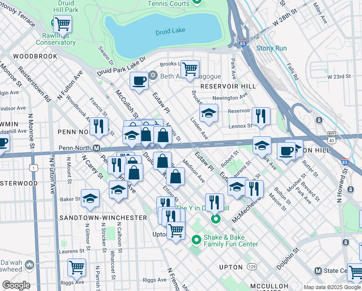 map of restaurants, bars, coffee shops, grocery stores, and more near 2216 Morris Street in Baltimore