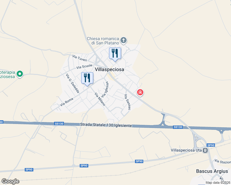 map of restaurants, bars, coffee shops, grocery stores, and more near 40 Via Cagliari in Villaspeciosa