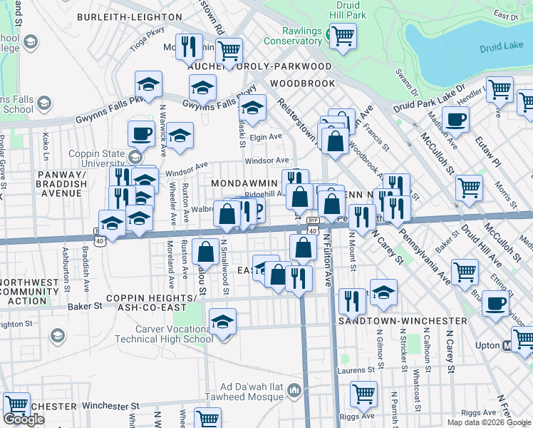 map of restaurants, bars, coffee shops, grocery stores, and more near 1916 North Payson Street in Baltimore