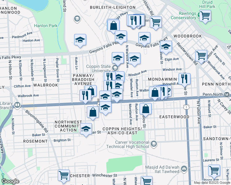 map of restaurants, bars, coffee shops, grocery stores, and more near 2500 West North Avenue in Baltimore
