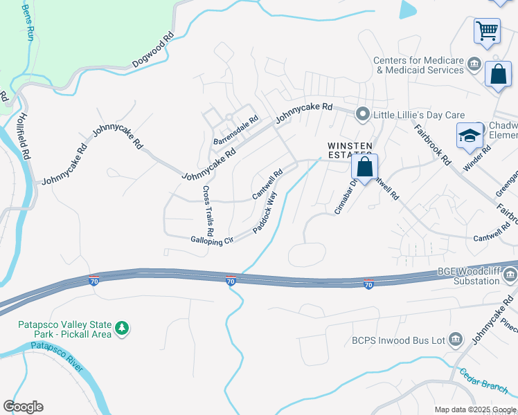 map of restaurants, bars, coffee shops, grocery stores, and more near 2041 Riding Crop Way in Woodlawn