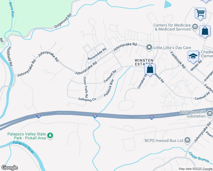 map of restaurants, bars, coffee shops, grocery stores, and more near 2041 Riding Crop Way in Woodlawn