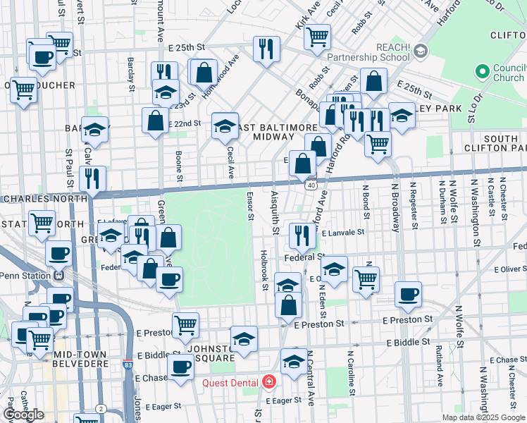map of restaurants, bars, coffee shops, grocery stores, and more near 1707 Lamont Avenue in Baltimore