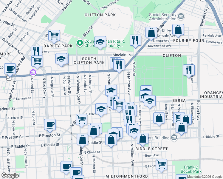 map of restaurants, bars, coffee shops, grocery stores, and more near 1719 N Patterson Park Ave in Baltimore
