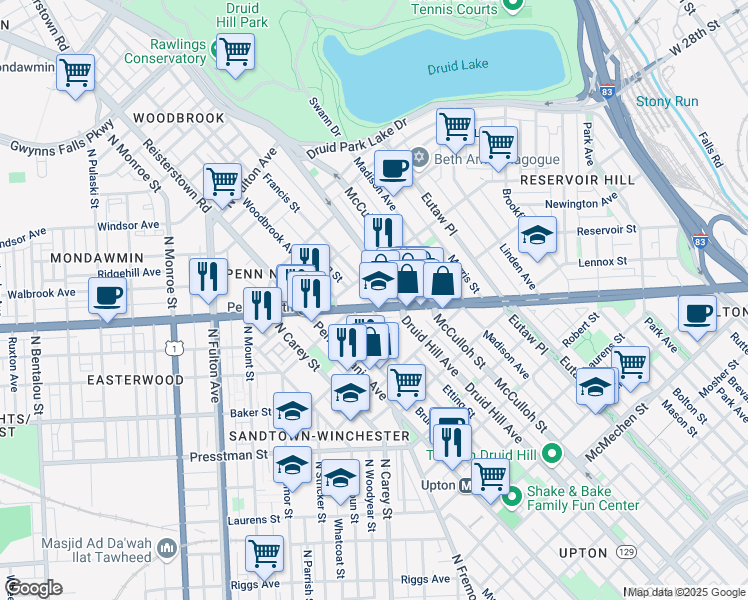 map of restaurants, bars, coffee shops, grocery stores, and more near 1344 West North Avenue in Baltimore