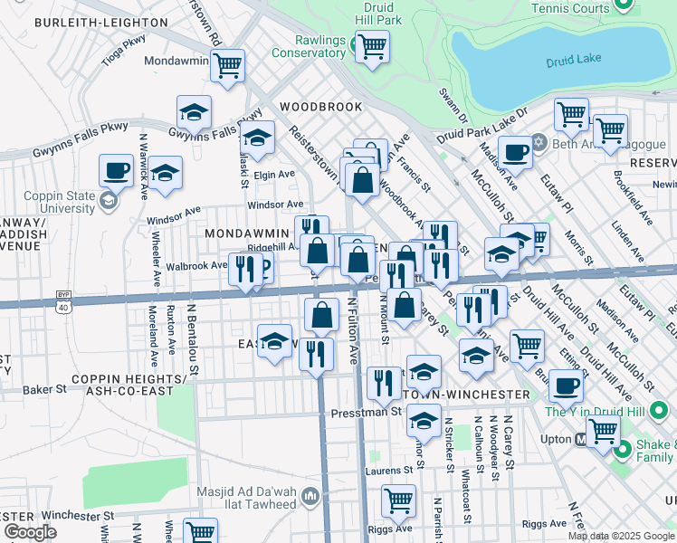map of restaurants, bars, coffee shops, grocery stores, and more near 1911 McKean Avenue in Baltimore