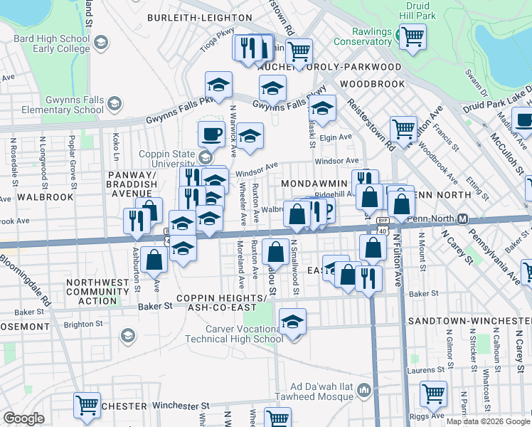 map of restaurants, bars, coffee shops, grocery stores, and more near 1918 North Bentalou Street in Baltimore