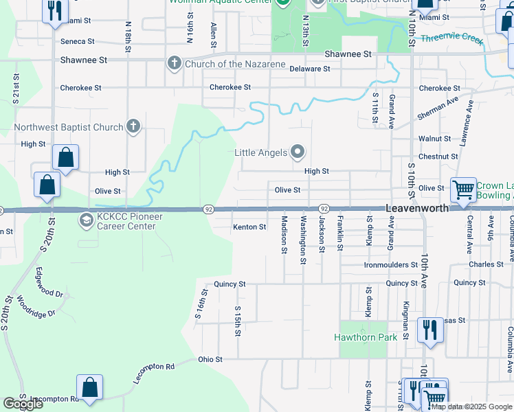 map of restaurants, bars, coffee shops, grocery stores, and more near 1408 Spruce Street in Leavenworth