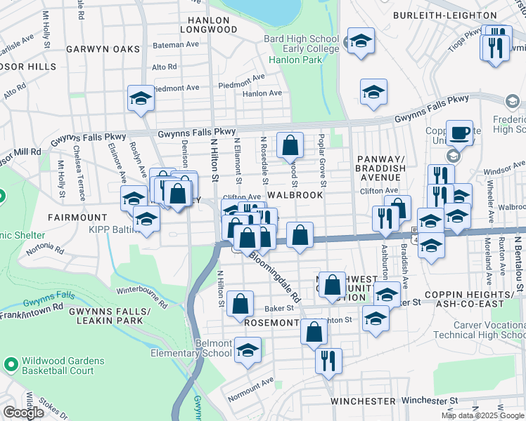 map of restaurants, bars, coffee shops, grocery stores, and more near 3100 Walbrook Avenue in Baltimore