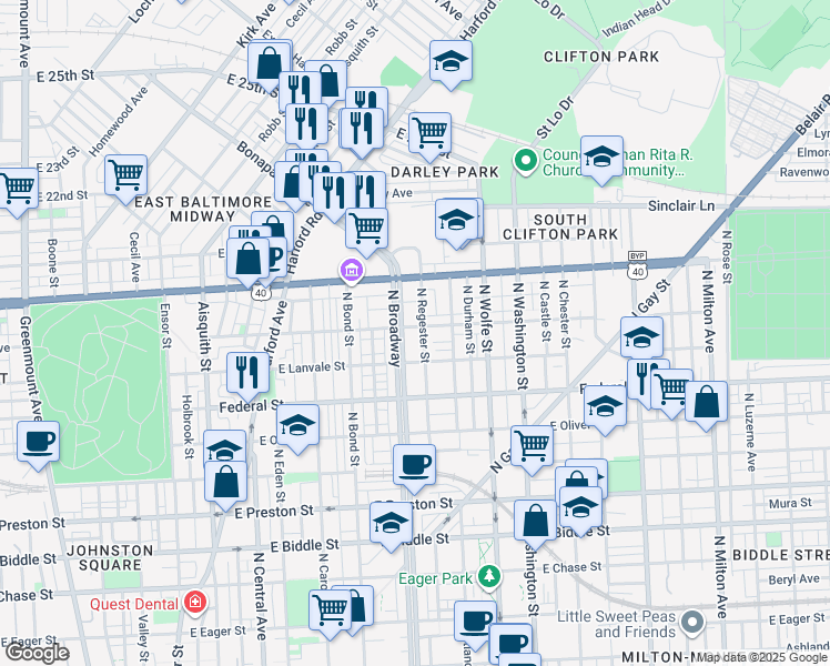 map of restaurants, bars, coffee shops, grocery stores, and more near 1701 East Lafayette Avenue in Baltimore